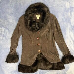 Vintage anna Gray faux fur trim jacket with button front and hood women size m